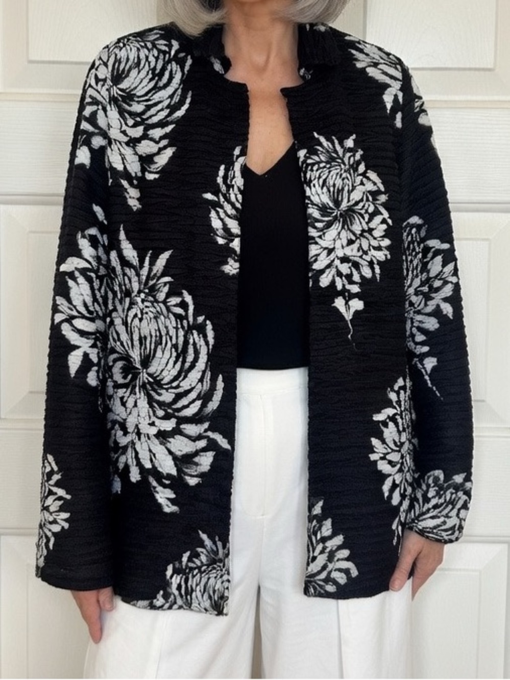Chico's Black Open Front Floral Jacket with White Blooms